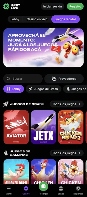 Lucky Star visto en un smartphone: sección de juegos de crash y de gallinas
